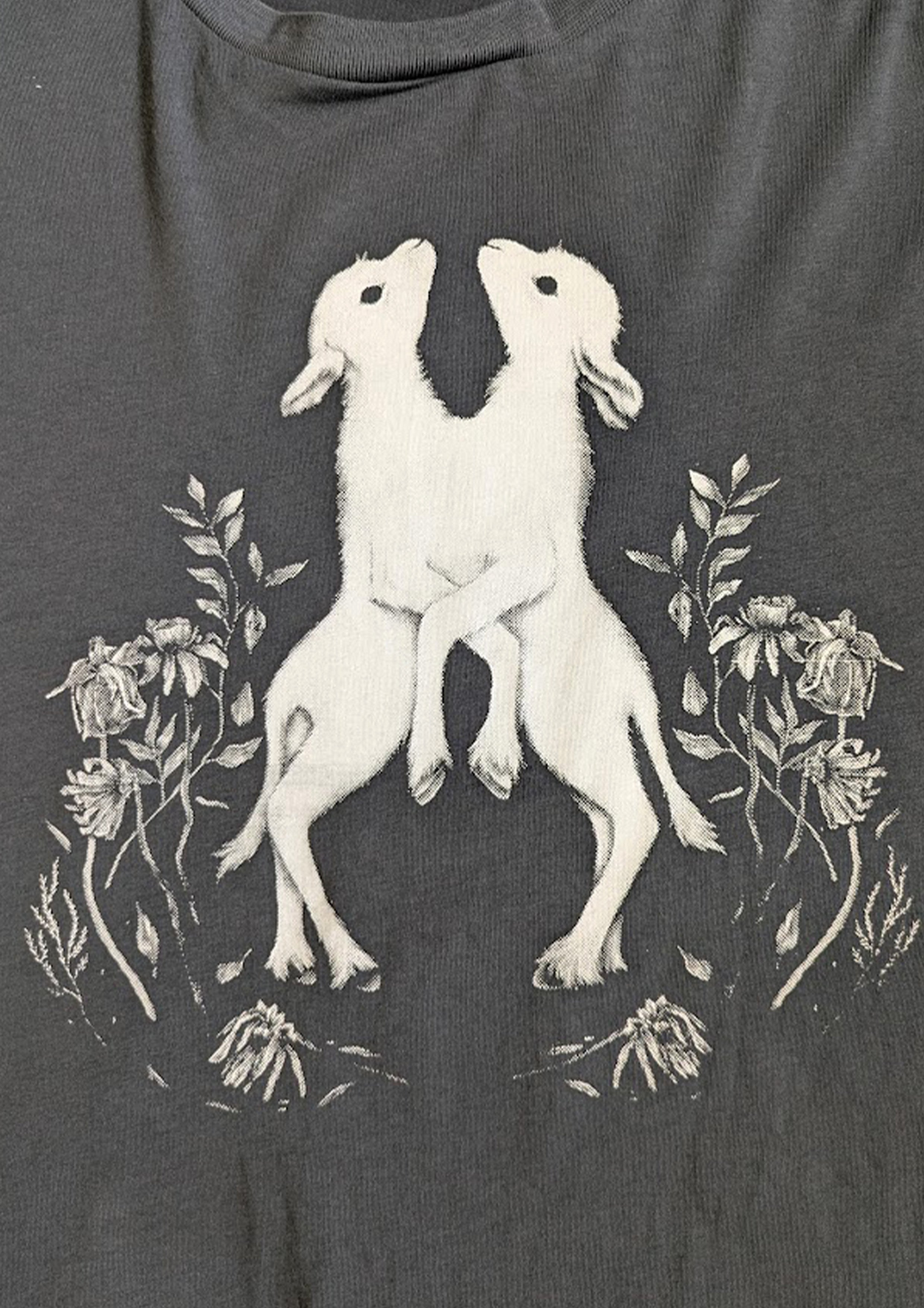 Grey T-Shirt with white conjoined lambs printed onto the front